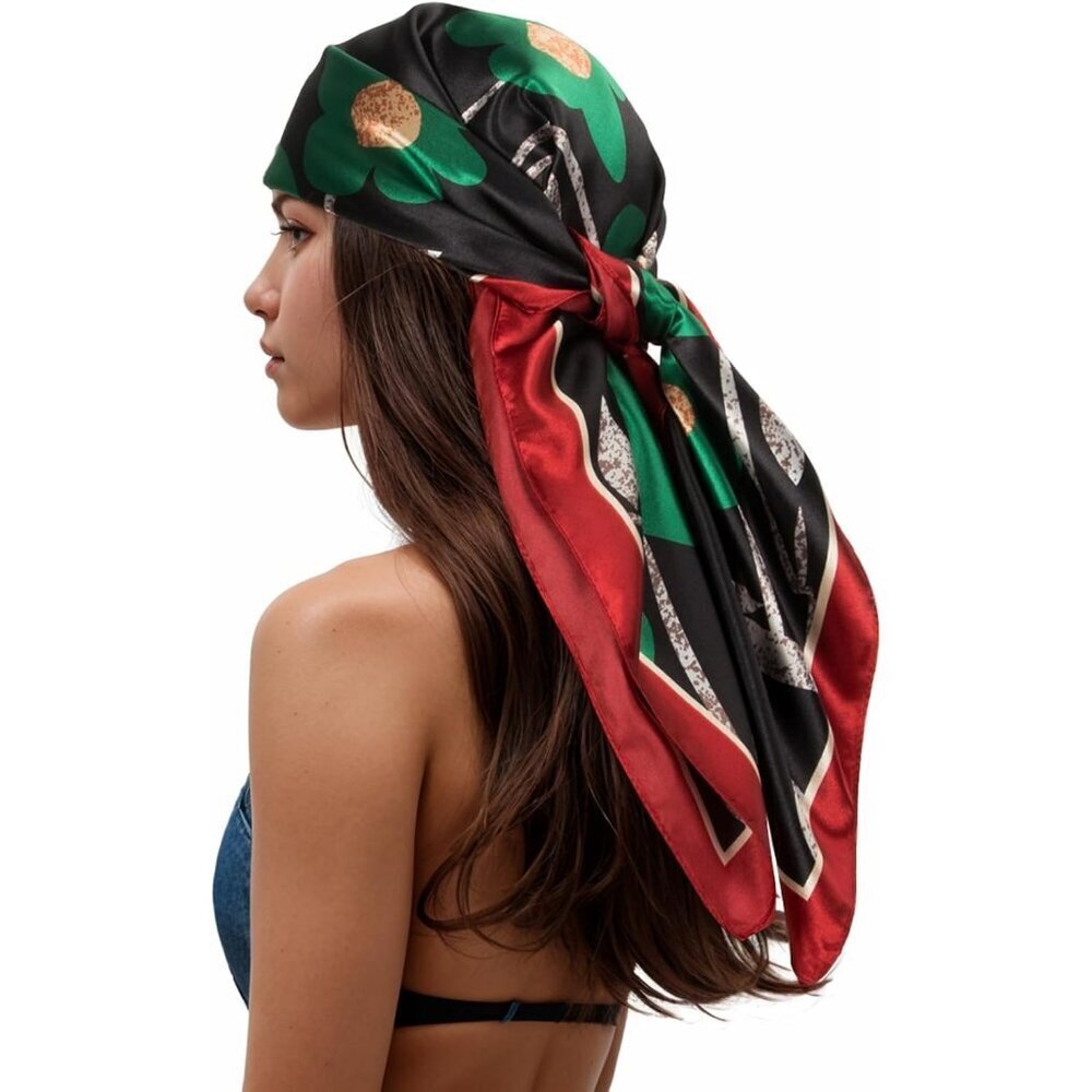 Women's Black/Red Head Scarf Like Silk Printed Square Hair Bandanas 35 Inches